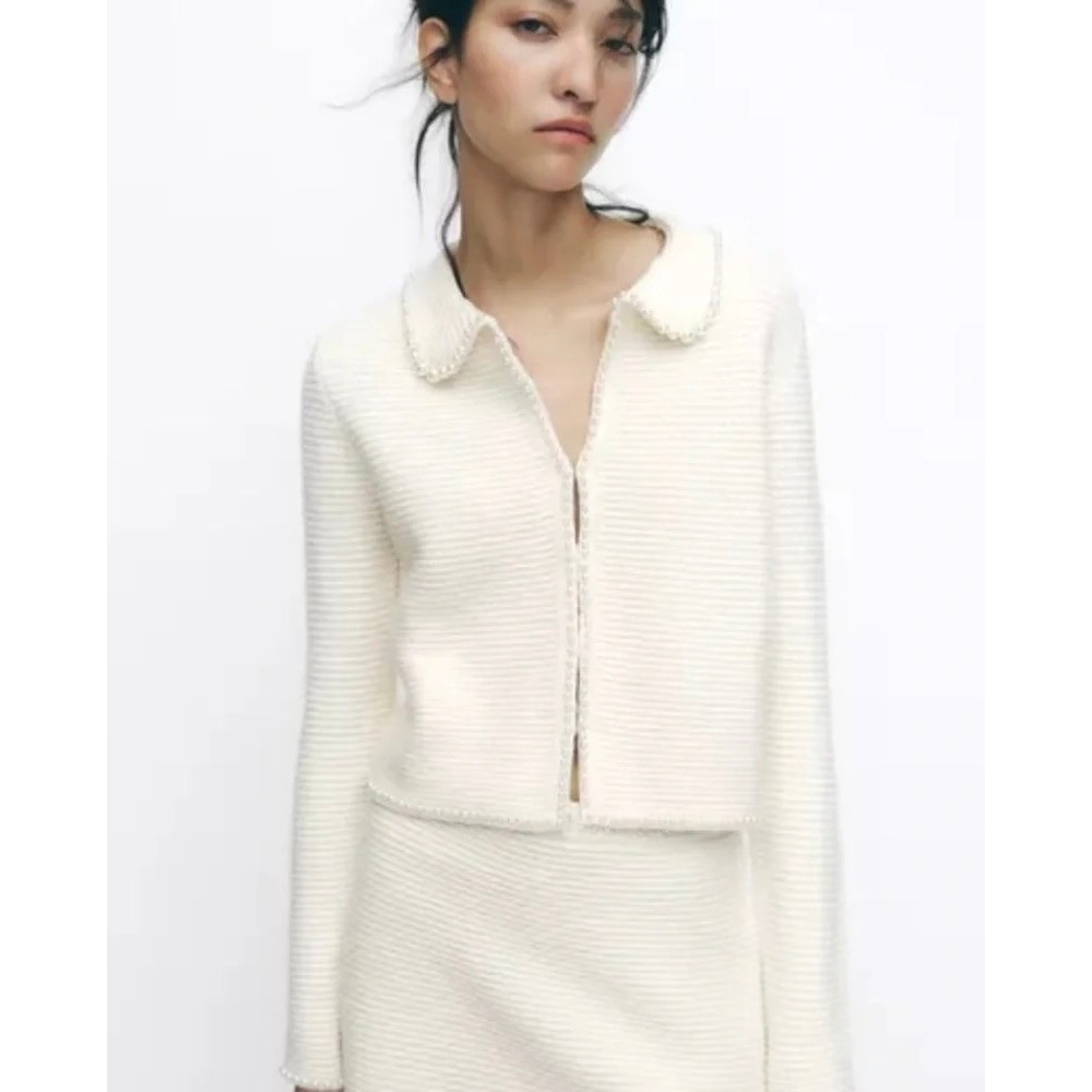 ZARA Pearl Embellished Cropped Cardigan Sweater Cream Ivory Knitwear Small